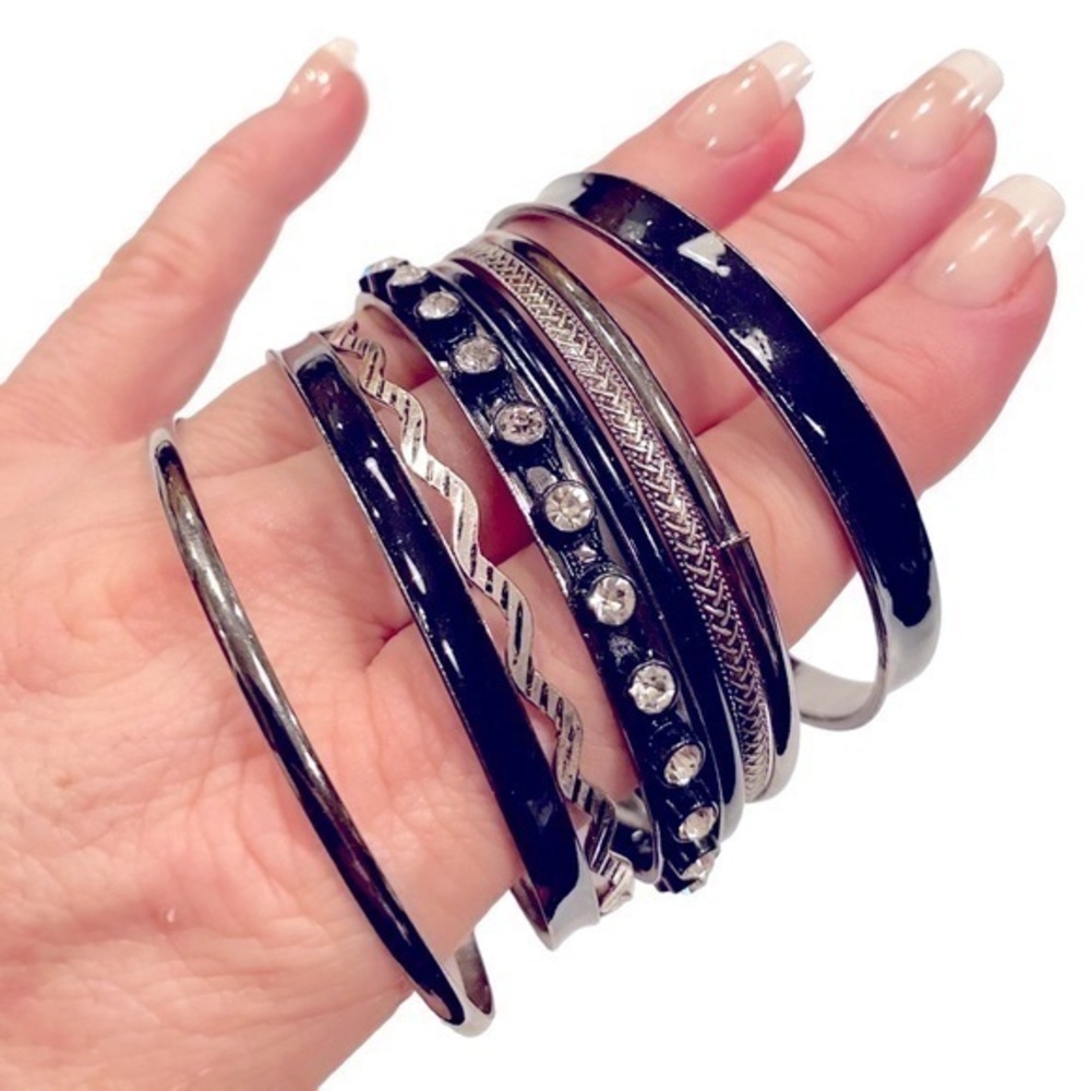 Set of 8 Bangle Bracelets Black & Silver Tone